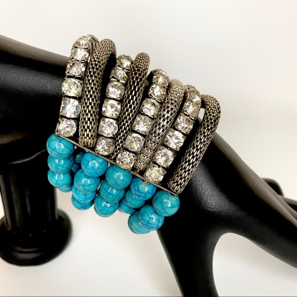 Turquoise Color Bead Rhinestone S.T. Mesh Bracelet - Picture 2 of 10